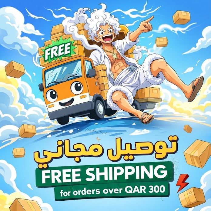 Cartoon character with a delivery truck and 'Free Shipping' text against a blue sky with clouds.